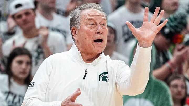 Michigan State head coach Tom Izzo reacts to a play against Duke during the second half at Breslin Center in East Lansing on Saturday, Dec. 6, 2025. Michigan State head coach Tom Izzo reacts to a play against Duke during the second half at Breslin Center in East Lansing on Saturday, Dec. 6, 2025.