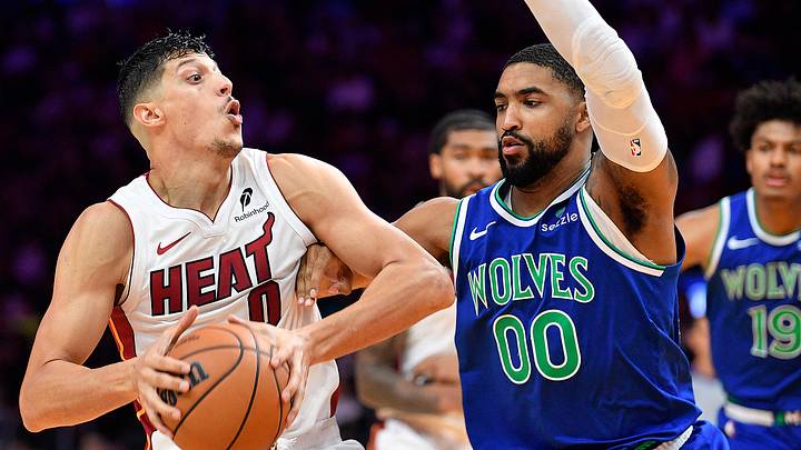 Oct 10, 2026; Miami, Florida, USA; Miami Heat small forward Simone Fontecchio (0) tries to score over Minnesota Timberwolves forward KJ Martin during the second half at Kaseya Center. Mandatory Credit: Michael Laughlin-Imagn Images Oct 10, 2026; Miami, Florida, USA; Miami Heat small forward Simone Fontecchio (0) tries to score over Minnesota Timberwolves forward KJ Martin during the second half at Kaseya Center. Mandatory Credit: Michael Laughlin-Imagn Images