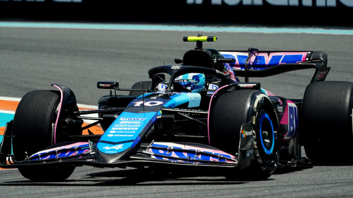 May 3, 2024; Miami Gardens, Florida, USA; Alpine driver Pierre Gasley (10) races into turn one during F1 practice at Miami International Autodrome. Mandatory Credit: John David Mercer-USA TODAY Sports May 3, 2024; Miami Gardens, Florida, USA; Alpine driver Pierre Gasley (10) races into turn one during F1 practice at Miami International Autodrome. Mandatory Credit: John David Mercer-USA TODAY Sports