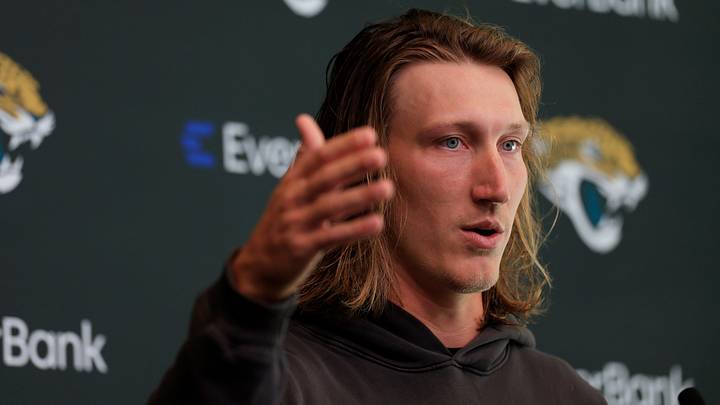 Jacksonville Jaguars quarterback Trevor Lawrence speaks during a press conference at the Miller Electric Center, Monday, April 20, 2026 in Jacksonville, Fla.