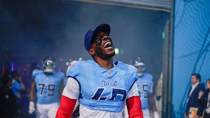 Tennessee Titans linebacker Arden Key (49) heads out for the game against the Seattle Seahawks at Nissan Stadium in Nashville, Tenn., Sunday, Nov. 23, 2025. Tennessee Titans linebacker Arden Key (49) heads out for the game against the Seattle Seahawks at Nissan Stadium in Nashville, Tenn., Sunday, Nov. 23, 2025.