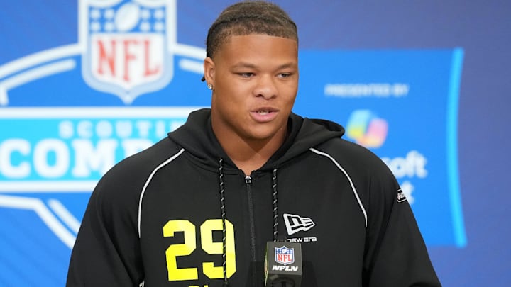 Clemson defensive lineman Peter Woods speaks during the NFL Scouting Combine at the Indiana Convention Center.