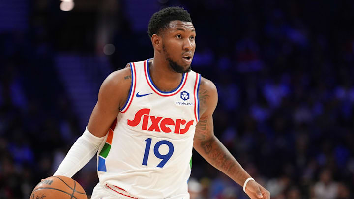 Apr 5, 2025; Philadelphia, Pennsylvania, USA; Philadelphia 76ers forward Justin Edwards (19) controls the ball against the Minnesota Timberwolves in the first quarter at Wells Fargo Center. Mandatory Credit: Kyle Ross-Imagn Images