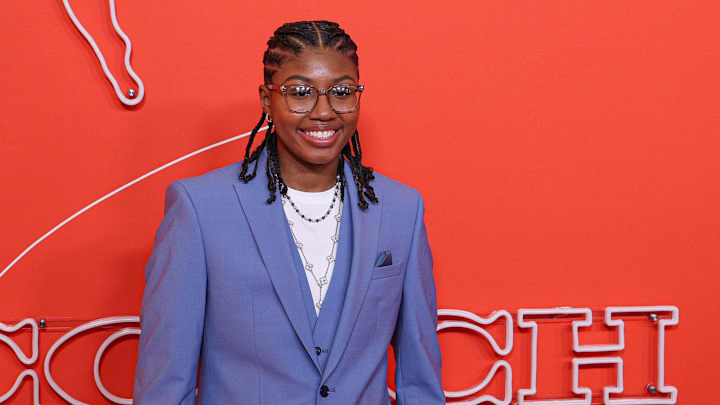 Apr 14, 2025; New York, New York, USA; Shyanne Sellers on the orange carpet before the 2025 WNBA Draft at The Shed at Hudson Yards. Mandatory Credit: Vincent Carchietta-Imagn Images