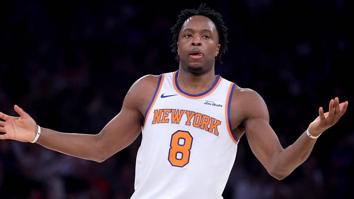 May 4, 2026; New York, New York, USA; New York Knicks forward OG Anunoby (8) reacts after a three point shot during the first quarter of game one of the eastern conference semifinal round of the 2026 NBA Playoffs against the Philadelphia 76ers at Madison Square Garden. Mandatory Credit: Brad Penner-Imagn Images May 4, 2026; New York, New York, USA; New York Knicks forward OG Anunoby (8) reacts after a three point shot during the first quarter of game one of the eastern conference semifinal round of the 2026 NBA Playoffs against the Philadelphia 76ers at Madison Square Garden. Mandatory Credit: Brad Penner-Imagn Images