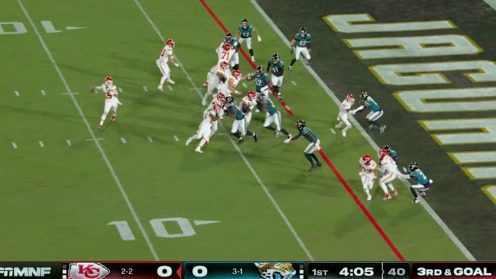 Patrick Mahomes and the Chiefs appeared to get away with an offensive pass interference penalty on their first touchdown drive against the Jaguars.