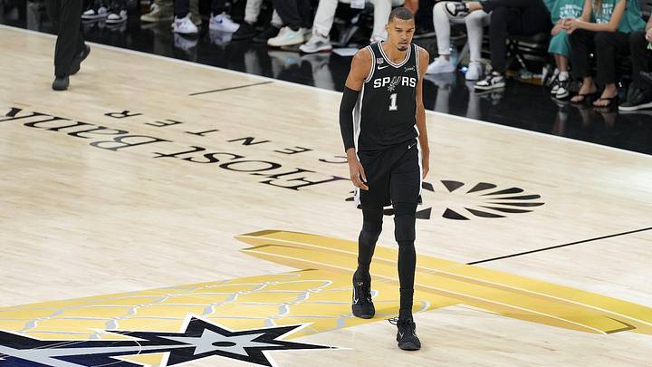Jun 3, 2026; San Antonio, Texas, USA; San Antonio Spurs forward Victor Wembanyama (1) walks back up the court during the fourth quarter of Game 1 against the New York Knicks of the 2026 NBA Finals at Frost Bank Center.