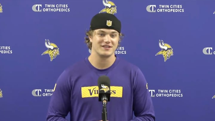 Vikings quarterback J.J. McCarthy speaks to reporters at TCO Performance Center on Tuesday, April 29