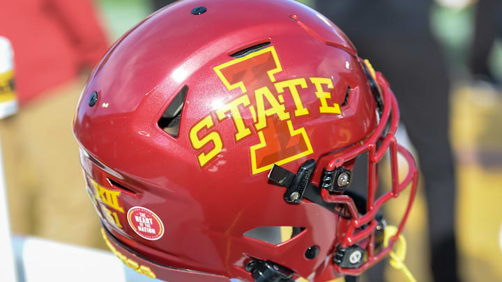 Oct 23, 2021; Ames, Iowa, USA;  General view of helmet used by Iowa State Cyclones against the Oklahoma State Cowboys in the first half at Jack Trice Stadium. Mandatory Credit: Steven Branscombe-Imagn Images