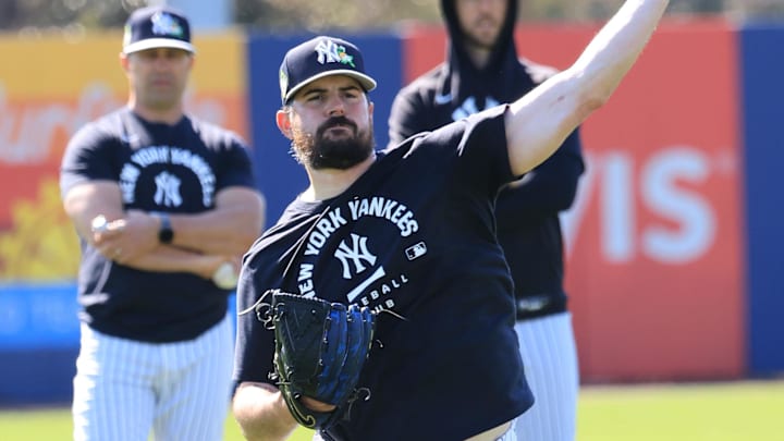Feb 13, 2026; Tampa, FL, USA;  New York Yankees pitcher Carlos Rodon (55) works out during spring training practices at George M. Steinbrenner Field. Mandatory Credit: Kim Klement Neitzel-Imagn Images