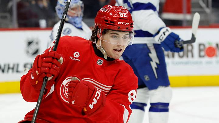 Jan 25, 2025; Detroit, Michigan, USA; Detroit Red Wings center Marco Kasper (92) celebrates after scoring in the second period against the Tampa Bay Lightning at Little Caesars Arena. Mandatory Credit: Rick Osentoski-Imagn Images Jan 25, 2025; Detroit, Michigan, USA; Detroit Red Wings center Marco Kasper (92) celebrates after scoring in the second period against the Tampa Bay Lightning at Little Caesars Arena. Mandatory Credit: Rick Osentoski-Imagn Images