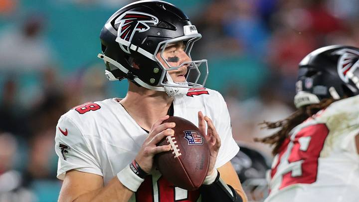 Aug 28, 2026; Miami Gardens, Florida, USA; Atlanta Falcons quarterback Jack Strand (18) looks to throw against the Miami Dolphins during the second half at Hard Rock Stadium. Mandatory Credit: Sam Navarro-Imagn Images
