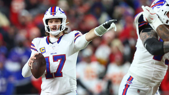 Jan 26, 2025; Kansas City, MO, USA; Buffalo Bills quarterback Josh Allen (17) drops back to pass against the Kansas City Chiefs Jan 26, 2025; Kansas City, MO, USA; Buffalo Bills quarterback Josh Allen (17) drops back to pass against the Kansas City Chiefs
