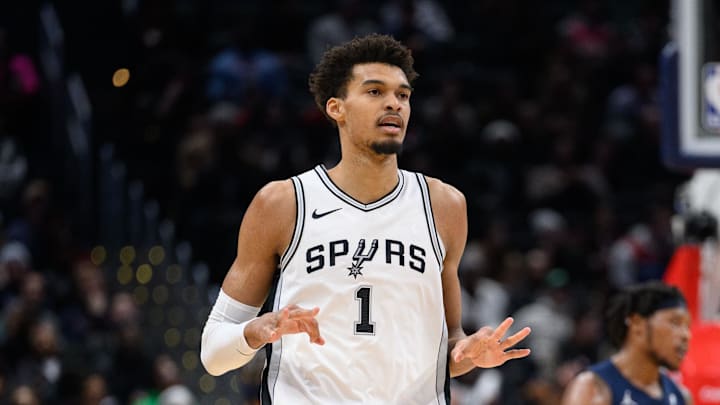 Feb 10, 2025; Washington, District of Columbia, USA; San Antonio Spurs center Victor Wembanyama (1) reacts after making a three point field goal during the first quarter against the Washington Wizards at Capital One Arena. Mandatory Credit: Reggie Hildred-Imagn Images