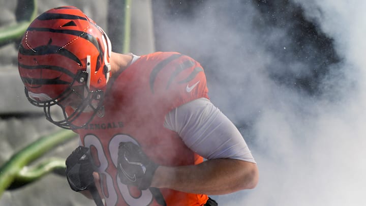 Cincinnati Bengals tight end Mike Gesicki (88) runs on the field before the first quarter of the NFL Week 13 game between the Cincinnati Bengals and the Pittsburgh Steelers at Paycor Stadium in downtown Cincinnati on Sunday, Dec. 1, 2024.