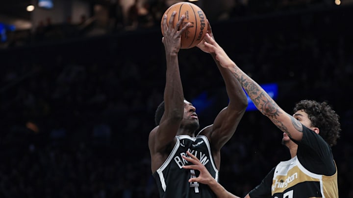 Apr 5, 2026; Brooklyn, New York, USA; Brooklyn Nets guard Drake Powell (4) goes to the basket against Washington Wizards guard Will Riley (27) during the second half at Barclays Center. Mandatory Credit: Vincent Carchietta-Imagn Images Apr 5, 2026; Brooklyn, New York, USA; Brooklyn Nets guard Drake Powell (4) goes to the basket against Washington Wizards guard Will Riley (27) during the second half at Barclays Center. Mandatory Credit: Vincent Carchietta-Imagn Images
