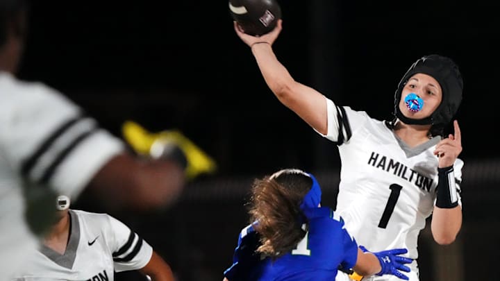 Hamilton quarterback Marlie Phillips (1) has thrown for nearly 6,000 yards and 103 touchdowns this season. The prolific sophomore looks to lead the Huskies to their second consecutive state title against Red Mountain Saturday night. 