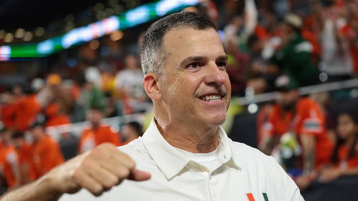 Oct 17, 2026; Miami Gardens, Florida, USA; Miami Hurricanes head coach Mario Cristobal celebrates after defeating the Florida State Seminoles at Hard Rock Stadium. Oct 17, 2026; Miami Gardens, Florida, USA; Miami Hurricanes head coach Mario Cristobal celebrates after defeating the Florida State Seminoles at Hard Rock Stadium.