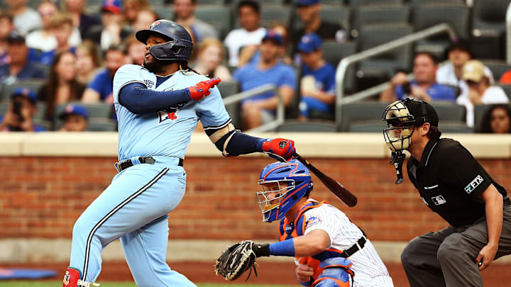 Toronto Blue Jays first baseman Vladimir Guerrero Jr. (27) singles against the Toronto Blue Jays during the first inning at Citi Field. Toronto Blue Jays first baseman Vladimir Guerrero Jr. (27) singles against the Toronto Blue Jays during the first inning at Citi Field.
