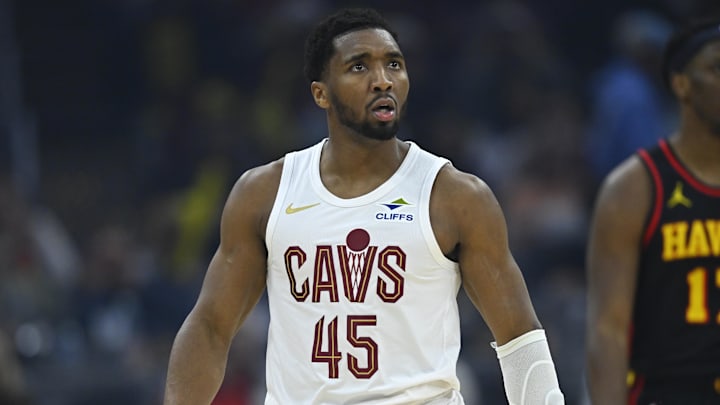 Apr 8, 2026; Cleveland, Ohio, USA; Cleveland Cavaliers guard Donovan Mitchell (45) reacts in the third quarter  against the  Atlanta Hawks at Rocket Arena. Mandatory Credit: David Richard-Imagn Images