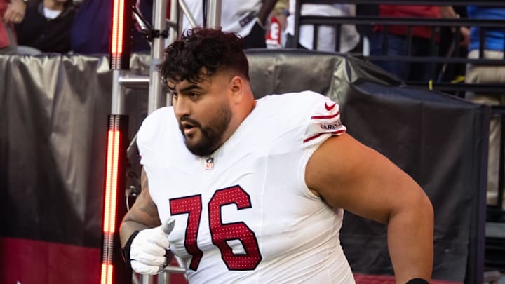 Dec 17, 2023; Glendale, Arizona, USA; Arizona Cardinals offensive lineman Will Hernandez (76) against the San Francisco 49ers at State Farm Stadium. Mandatory Credit: Mark J. Rebilas-USA TODAY Sports