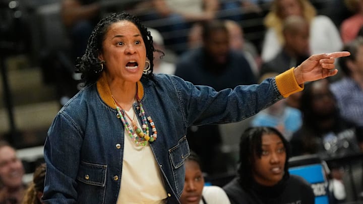 Mar 28, 2025; Birmingham, AL, USA; South Carolina coach Dawn Staley gives directions to her team during the game with Maryland at Legacy Arena in the Sweet 16. Mandatory Credit: Gary Cosby Jr.-Tuscaloosa News