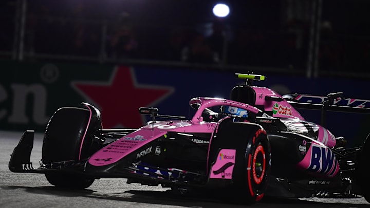 Nov 22, 2024; Las Vegas, Nevada, USA; BWT Alpine driver Pierre Gasly (10) during qualifying at Las Vegas Circuit. Mandatory Credit: Gary A. Vasquez-Imagn Images