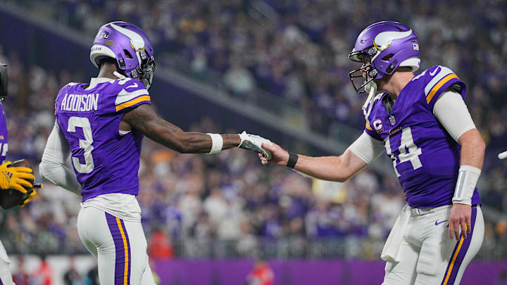 Jordan Addison celebrates his touchdown with Darnold. The Vikings have 14 wins and a chance to clinch the top seed in the NFC.