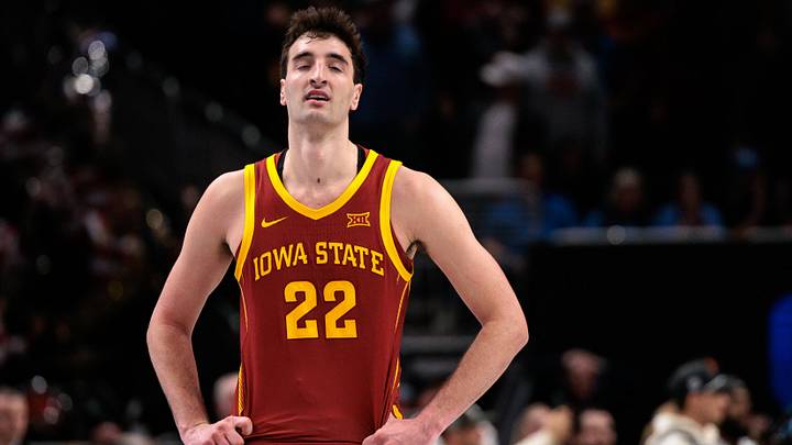 Mar 13, 2026; Kansas City, MO, USA; Iowa State Cyclones forward Milan Momcilovic (22) reacts at the end of the game against the Arizona Wildcats at T-Mobile Center. Mandatory Credit: William Purnell-Imagn Images