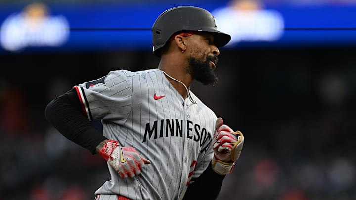 Jun 27, 2025; Detroit, Michigan, USA; Minnesota Twins center fielder Byron Buxton (25) rounds the bases after hitting a solo home run against the Detroit Tigers in the fifth inning at Comerica Park. 
