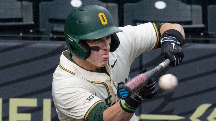 Oregon’s Maddox Molony lays down a bunt against Indiana at PK Park in Eugene March 13, 2026.