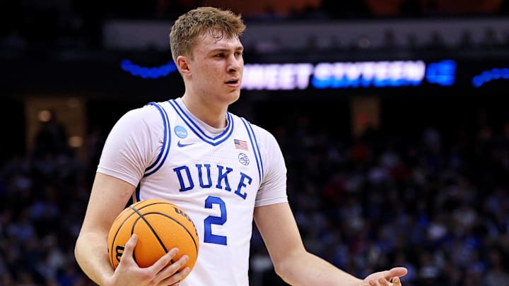 Mar 27, 2025; Newark, NJ, USA; Duke Blue Devils forward Cooper Flagg (2) reacts after a play during the first half against the Arizona Wildcats during an East Regional semifinal of the 2025 NCAA tournament at Prudential Center. Mandatory Credit: Vincent Carchietta-Imagn Images