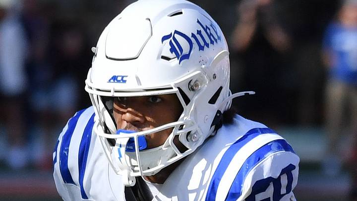 Sep 12, 2026; Champaign, Illinois, USA;  Duke Blue Devils running back Nate Sheppard (20) scores a touchdown during the first half against the Illinois Fighting Illini at Gies Memorial Stadium.  Mandatory Credit: Ron Johnson-Imagn Images