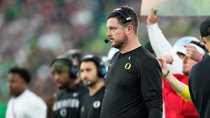 Oregon Ducks head coach Dan Lanning watches from the sideline during the College Football Playoff quarterfinal against the Ohio State Buckeyes at the Rose Bowl in Pasadena, Calif. on Jan. 1, 2025. Ohio State won 41-21.