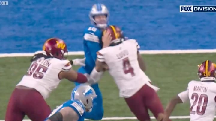 Jared Goff got lit up after throwing an interception against the Commanders. 