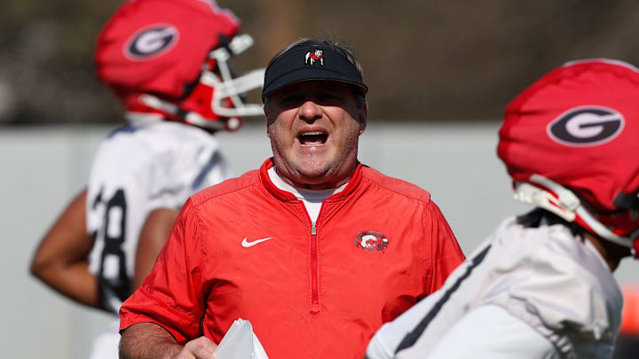 Georgia coach Kirby Smart yells during spring practice in Athens, Ga., on Thursday, March 14, 2024.