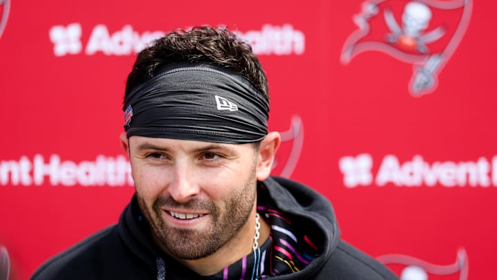 Tampa Bay Buccaneers quarterback Baker Mayfield gives a press conference after mini-camp. Tampa Bay Buccaneers quarterback Baker Mayfield gives a press conference after mini-camp.