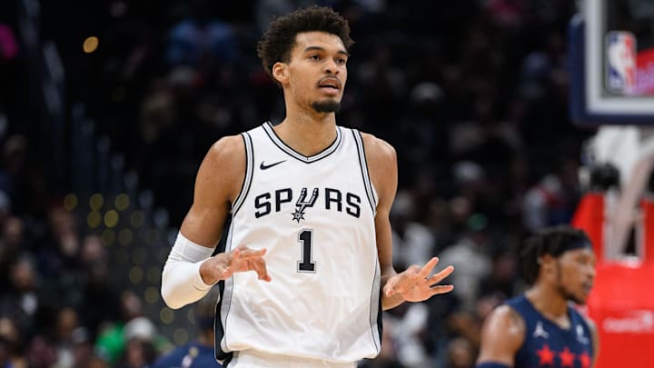 Feb 10, 2025; Washington, District of Columbia, USA; San Antonio Spurs center Victor Wembanyama (1) reacts after making a three point field goal during the first quarter against the Washington Wizards at Capital One Arena. Mandatory Credit: Reggie Hildred-Imagn Images