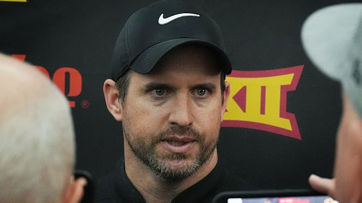 Iowa State football head coach Jimmy Rogers talks to media during NFL football pro-day at Bergstrom Football Complex on March 24, 2026, in Ames, Iowa.