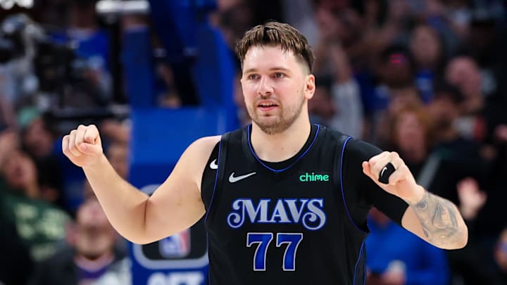 Jan 24, 2024; Dallas, Texas, USA;  Dallas Mavericks guard Luka Doncic (77) reacts during the first half against the Phoenix Suns at American Airlines Center. Mandatory Credit: Kevin Jairaj-Imagn Images