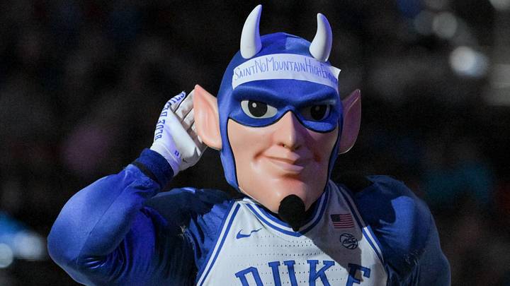 Mar 21, 2025; Raleigh, NC, USA; The Blue Devil, mascot for the Duke Blue Devils, performs before the game against the Mount St. Mary's Mountaineers in the first round of the NCAA Tournament at Lenovo Center. Mandatory Credit: Zachary Taft-Imagn Images Mar 21, 2025; Raleigh, NC, USA; The Blue Devil, mascot for the Duke Blue Devils, performs before the game against the Mount St. Mary's Mountaineers in the first round of the NCAA Tournament at Lenovo Center. Mandatory Credit: Zachary Taft-Imagn Images