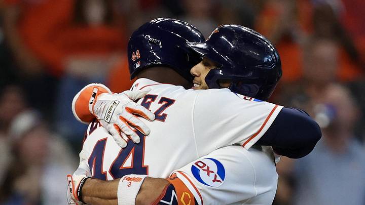 Jun 17, 2026; Houston, Texas, USA; Houston Astros designated hitter Yordan Alvarez (44) hugs shortstop Jeremy Pena (3) after his home run. Against the Detroit Tigers in the third inning at Daikin Park. Mandatory Credit: Thomas Shea-Imagn Images Jun 17, 2026; Houston, Texas, USA; Houston Astros designated hitter Yordan Alvarez (44) hugs shortstop Jeremy Pena (3) after his home run. Against the Detroit Tigers in the third inning at Daikin Park. Mandatory Credit: Thomas Shea-Imagn Images