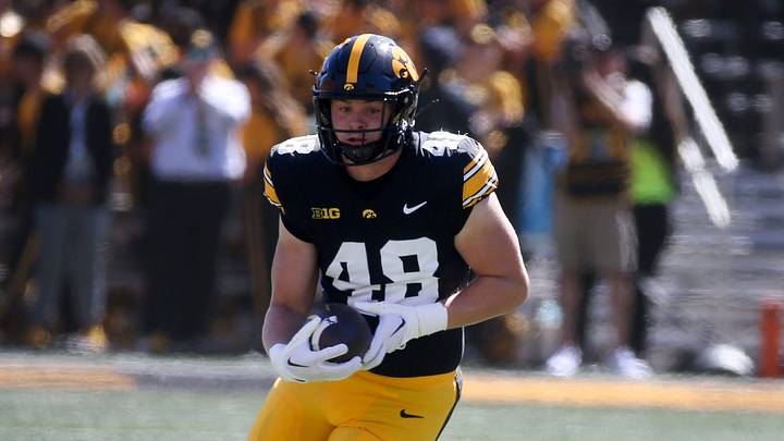 Iowa’s Zach Ortwerth (48) runs for extra yards against Iowa State during the CyHawk game Saturday, Sept. 7, 2024 at Kinnick Stadium in Iowa City, Iowa. Iowa’s Zach Ortwerth (48) runs for extra yards against Iowa State during the CyHawk game Saturday, Sept. 7, 2024 at Kinnick Stadium in Iowa City, Iowa.