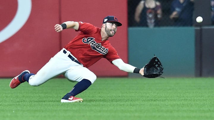 Jul 19, 2019; Cleveland, OH, USA; Cleveland Indians right fielder Tyler Naquin (30) makes a diving catch on a ball hit by Kansas City Royals shortstop Humberto Arteaga (not pictured) during the sixth inning at Progressive Field. Mandatory Credit: Ken Blaze-Imagn Images Jul 19, 2019; Cleveland, OH, USA; Cleveland Indians right fielder Tyler Naquin (30) makes a diving catch on a ball hit by Kansas City Royals shortstop Humberto Arteaga (not pictured) during the sixth inning at Progressive Field. Mandatory Credit: Ken Blaze-Imagn Images