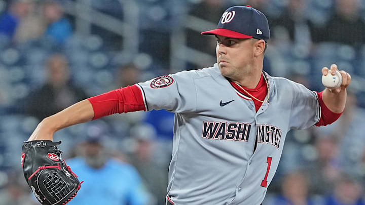 Apr 2, 2025; Toronto, Ontario, CAN; Washington Nationals starting pitcher MacKenzie Gore (1) throws a pitch against the Toronto Blue Jays during the first inning at Rogers Centre. 