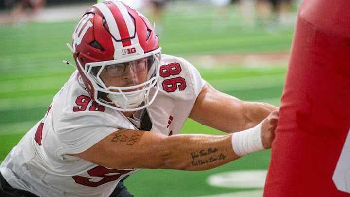 Indiana football defensive end William Depaepe works through drills July 31, 2025, at practice in Mellencamp Pavilion.