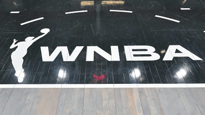 The WNBA logo is seen on the court at Gateway Center Arena.