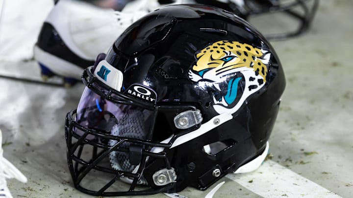 Nov 23, 2025; Glendale, Arizona, USA; Detailed view of a Jacksonville Jaguars helmet at State Farm Stadium. Mandatory Credit: Mark J. Rebilas-Imagn Images