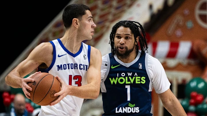 Iowa's Daishen Nix defends Motor City's Cole Swider during an Iowa Wolves vs. Motor City Cruise game at Wells Fargo Arena on Friday, Dec. 13, 2024, in Des Moines.