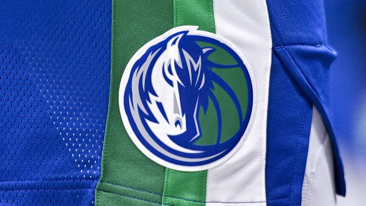 Nov 12, 2022; Dallas, Texas, USA; A view of the Dallas Mavericks logo during the game between the Dallas Mavericks and the Portland Trail Blazers at the American Airlines Center. Mandatory Credit: Jerome Miron-Imagn Images